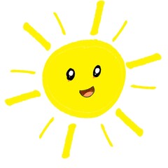 Cute sun character. Happy smiling sun, funny doodle sticker, summer symbol, weather sign, childish clip art element.