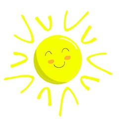 Fototapeta premium Cute sun character. Happy smiling sun, funny doodle sticker, summer symbol, weather sign, childish clip art element.