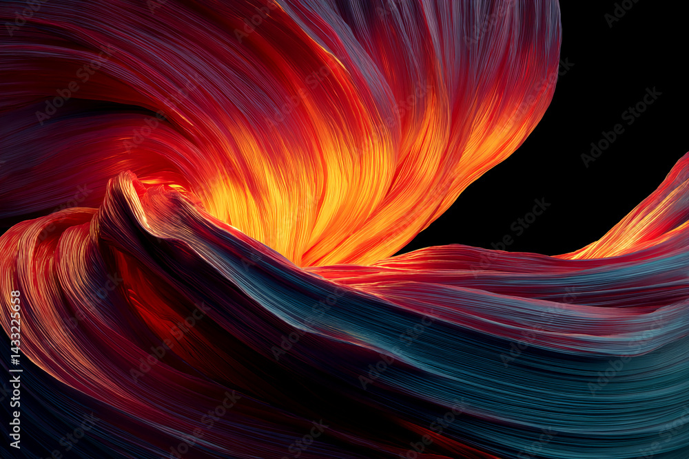Poster abstract image of flowing, red, orange, and blue fabric swirls against a black background, creating 