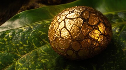Golden sphere rests on tropical leaves