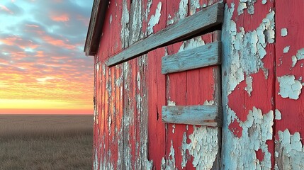 Peeling Paint on a Rustic Red Barn at Sunrise