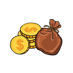 money bag, stack coins and banknote. save money concept. isolated on white background. vector illustration modern template flat design. Income and profit symbol. Vector illustration