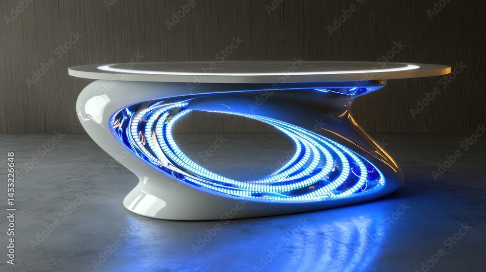 Poster modern table with futuristic design and built-in lights on a concrete floor