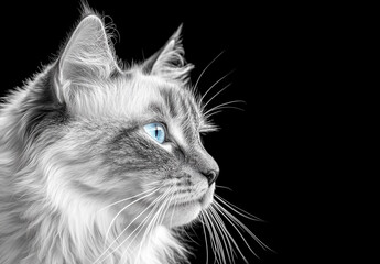Close-up of a cat with bright blue eyes on black background