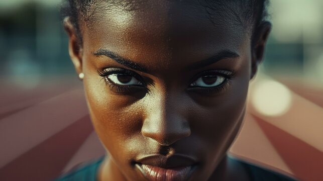 Black woman stares intensely, determination radiating, focused athlete embodies strength, competition, intense sport.