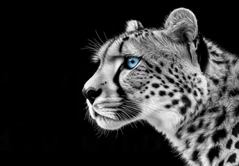 Majestic cheetah with striking blue eyes on dark background © Poj
