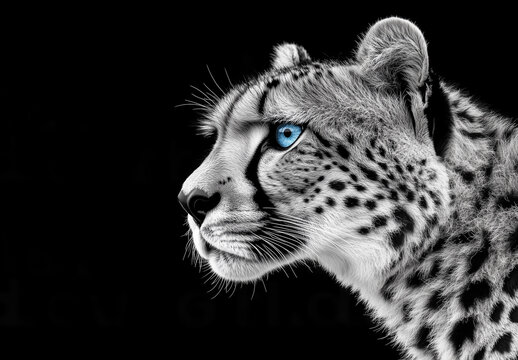 Majestic cheetah with striking blue eyes on dark background