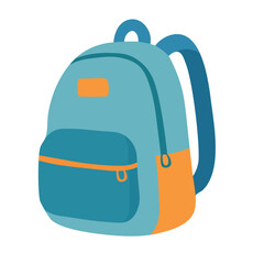 Stylish blue school backpack with orange accents and front pocket. Cute vector flat illustration for education themes.