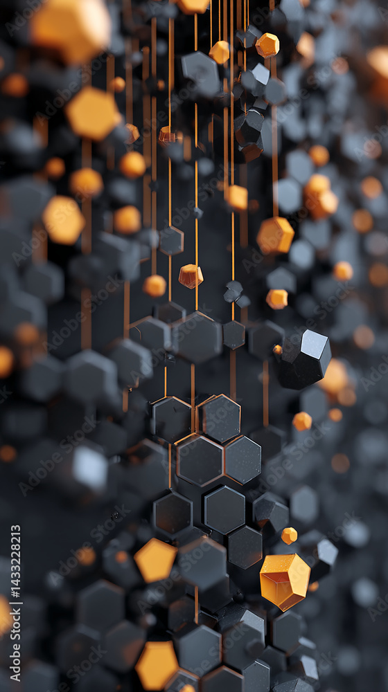 Poster Abstract image of black and gold geometric hexagons, creating a complex, three-dimensional structure, showcasing a modern, technological aesthetic