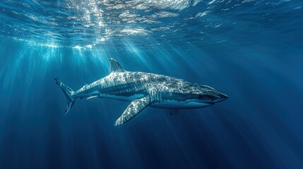 Fototapeta premium Great white shark swimming underwater, sunlight beams