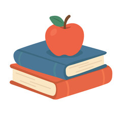 Two stacked books with a red apple on top. Cute flat cartoon illustration for school, teacher, or learning concepts.