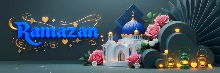 Ramazan Dark Fantasy 3D illustration Scene Featuring Glowing White Mosque with Blue Dome Golden Details Surrounded by Magical Lanterns Butterflies Roses Elegant Ramazan Text Luxurious Fantasy Setting