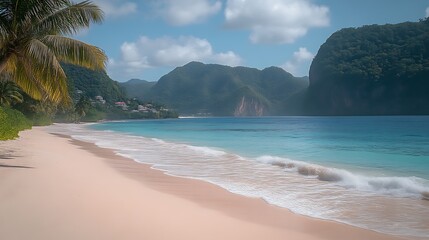 Fototapeta premium Tropical Beach, Calm Waves, Lush Mountains
