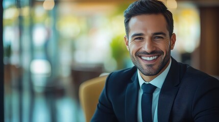 Obraz premium Business professional smiles confidently in a modern office setting during a sunny afternoon while engaged in conversation