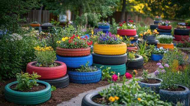 Colorful tire planters filled with vibrant flowers