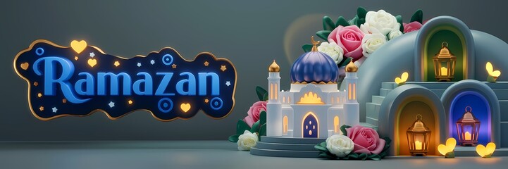 Ramazan Dark Fantasy 3D illustration Scene Featuring Glowing White Mosque with Blue Dome Golden Details Surrounded by Magical Lanterns Butterflies Roses Elegant Ramazan Text Luxurious Fantasy Setting