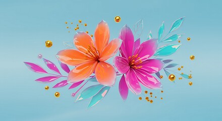 Vibrant abstract floral arrangement with colorful stylized flowers, leaves, and small geometric accents on a light blue background. Modern, playful, and artistic.