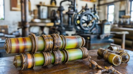 Vintage industrial rollers in antique workshop
