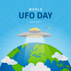 World Unidentified Object Day July 02nd with UFO and globe illustration on sunburst background