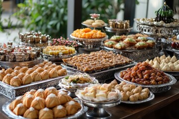 A festive dessert table featuring traditional sweets like baklava and maamoul