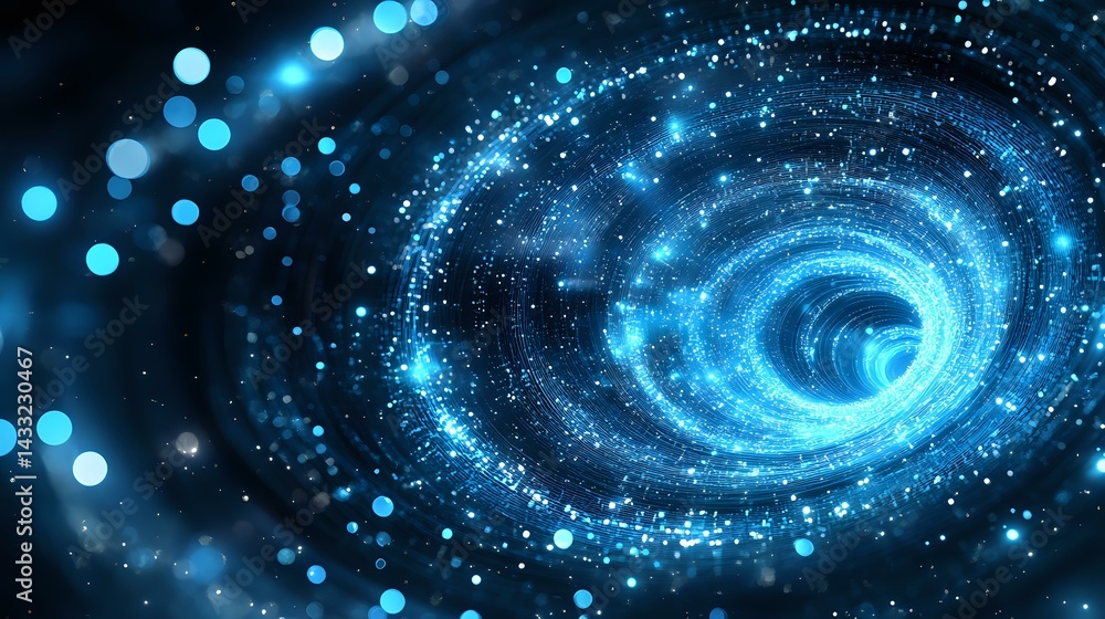 Poster glowing blue spiral galaxy with luminous particles and stardust swirling in cosmic space, creating m