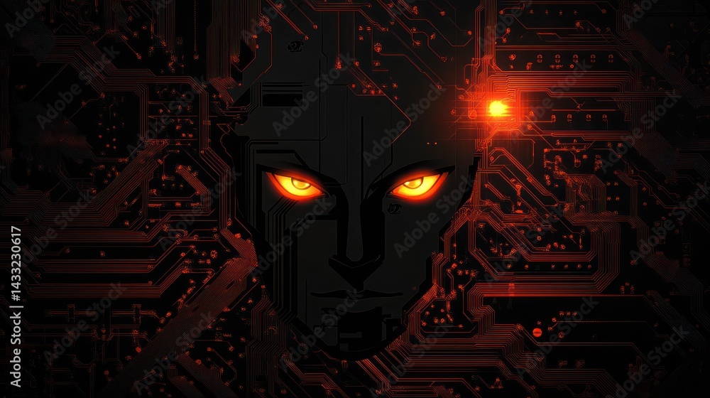 Poster ai face emerges from circuit board. technology concept for future artificial intelligence