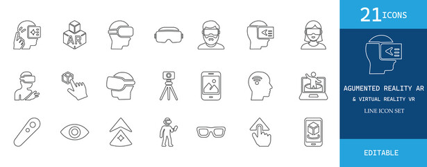Minimal line icon set featuring Augmented Reality (AR) and Virtual Reality (VR) elements. Perfect for technology, gaming, and innovation projects. Editable and high-quality design