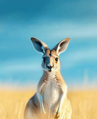Graceful kangaroo in a golden field under a clear blue sky