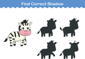 Funny cartoon zebra. find the correct shadow. Kids Education games. Cartoon vector illustration
