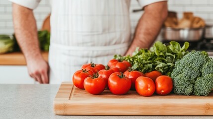 Fresh Vegetables on Wooden Cutting Board with Chef's Hands in Modern Kitchen Environment Emphasizing Healthy Food Choices and Meal Preparation