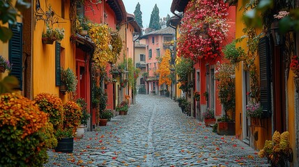 Picturesque Italian Street with Colorful Buildings and Autumn Le