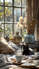 Cozy morning scene with black cat resting on windowsill next to steaming coffee cup, dried flowers in vases, and open book in warm sunlight through window panes.