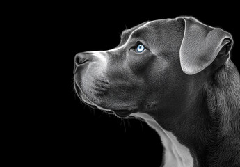 Side portrait of a blue-eyed dog against black background in monochrome style