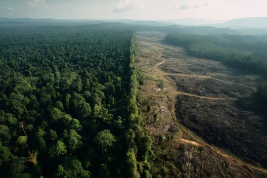 Fototapeta Deforestation advancing into lush rainforest, creating a stark contrast