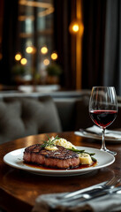 Elegant steak and red wine dinner in a luxurious upscale restaurant setting.

