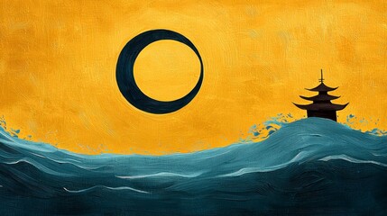 Crescent Moon Over Dark Waves and Pagoda, Gold Textured Background