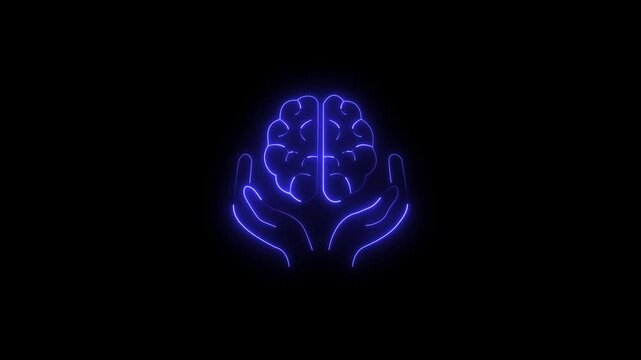 Human brain with brain hand icon  Neon icon with silhouette man head gears  Mental health concept  Abstract circuit brain.