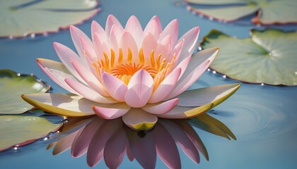 Pink water lily (or lotus), on a water surface, delicate pink lotus petals with orange-yellow core, transparent water droplet, soft bokeh background with pastel blue and pink tones