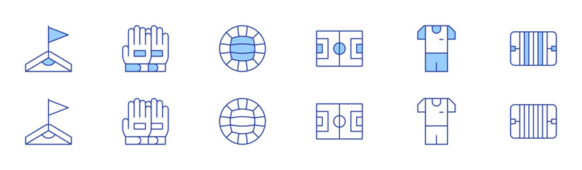 Football icon set in two styles, Duotone and Thin Line style. Editable stroke. football field, corner, football gloves, football, gaelic football, field