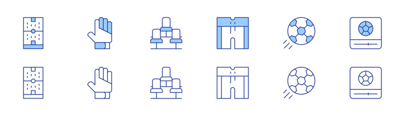 Football icon set in two styles, Duotone and Thin Line style. Editable stroke. football, shorts, soccer, football gloves, seat