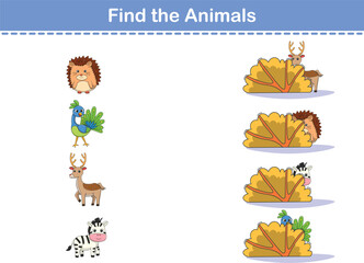 Find Hiding Animals. Child Exercise Sheet with wild animals. Printable worksheet. Cartoon vector illustration