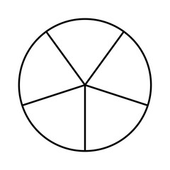 Circle divided in 5 segments. Pizza, pie round shape cut in five equal slices. Outline style. Minimalist black line chart.
