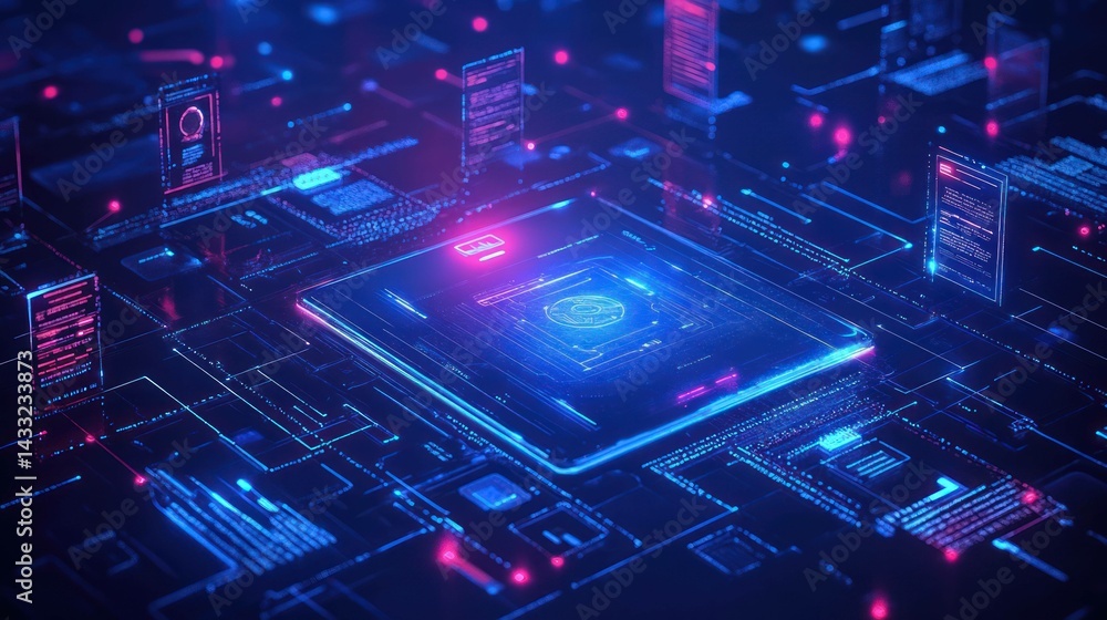 Aufkleber digital tablet connecting glowing circuits, information, modern communication in abstract cyberspace