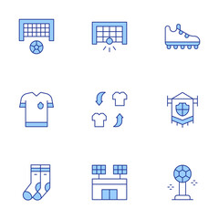 Football icons set. Line Duotone style, editable stroke. football shirt, football, football trophy, socks, switch, shoe, football flag