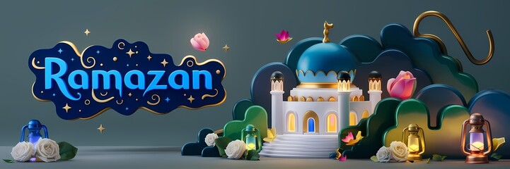 Ramazan Dark Fantasy 3D illustration Scene Featuring Glowing White Mosque with Blue Dome Golden Details Surrounded by Magical Lanterns Butterflies Roses Elegant Ramazan Text Luxurious Fantasy Setting