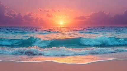 Pink Sunset Over Turquoise Waves Crashing on a Sandy Beach