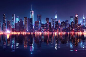 New york city skyline reflecting at night with vibrant colors
