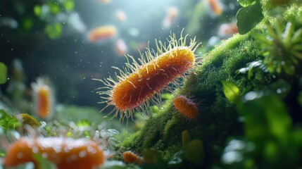 Fototapeta premium Bacteria on moss under light, these microorganisms display intricate structures, highlighting nature's unseen complexity.