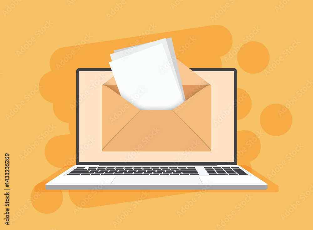 Poster laptop with envelope icon in flat style. computer vector illustration on isolated background. email 