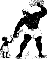 Cartoon muscular man with pineapple and boy with utensils in fathers day theme